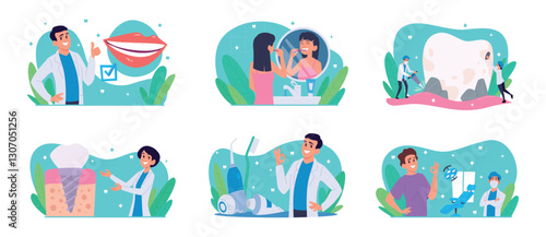 Teeth care. Dental doctors consult patients for oral care exact vector flat conceptual illustrations