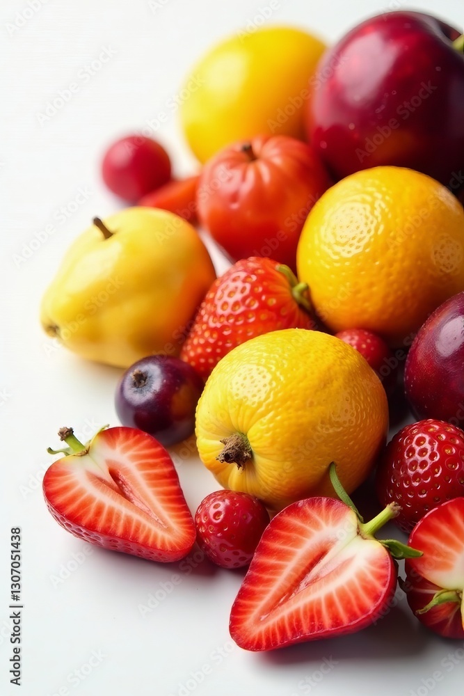 Close-up of assorted fruits rich in antioxidants on a white background, organic, fresh, diet Close-up of assorted fruits rich in antioxidants on a white background, organic, fresh, diet