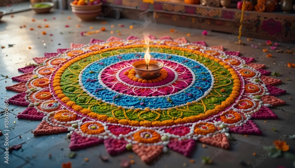 Fototapeta premium Intricate Colorful Rangoli Design with Diya in the Center, Celebrating Indian Festivals and Traditions