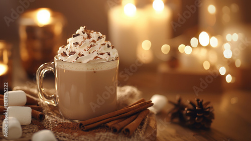 cozy winter themed scene with steaming cup of coffee topped with whipped cream, surrounded by candles and festive decorations