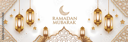 Elegant Ramadan Mubarak Hanging Lanterns with Crescent Moon, Twinkling Stars, and Islamic Geometric Patterns in Gold Line Art on a White Background Creating a Ramadan Festive and Spiritual Ambiance