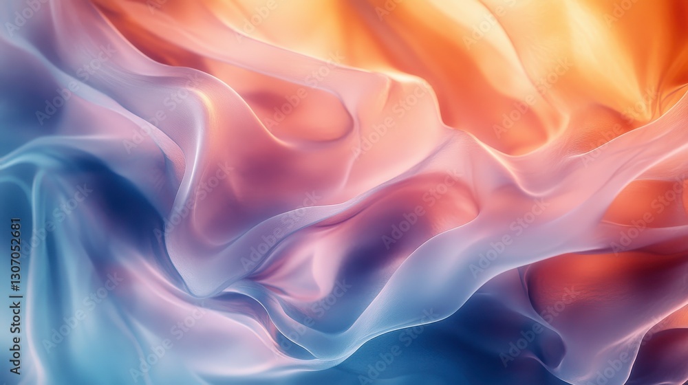 Obraz premium A vibrant, flowing fabric background blending shades of orange, pink, and blue, creating a dynamic and ethereal visual effect.