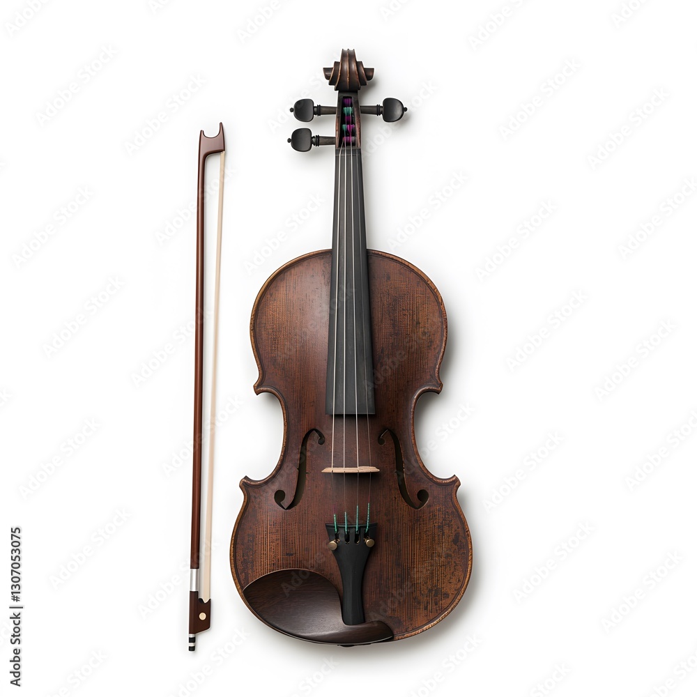 Fototapeta premium Studio shot violin, bow, isolated, white background, musical instrument, website, product