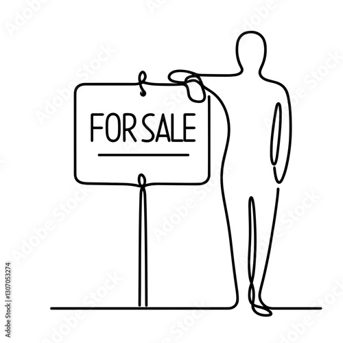 Real estate icon with person holding For Sale sign, property selling concept
