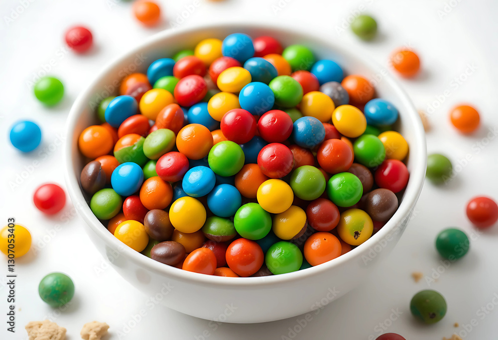 Many Colorful Candy Chocolate choco bean in a White Bowl Many Colorful Candy Chocolate choco bean in a White Bowl