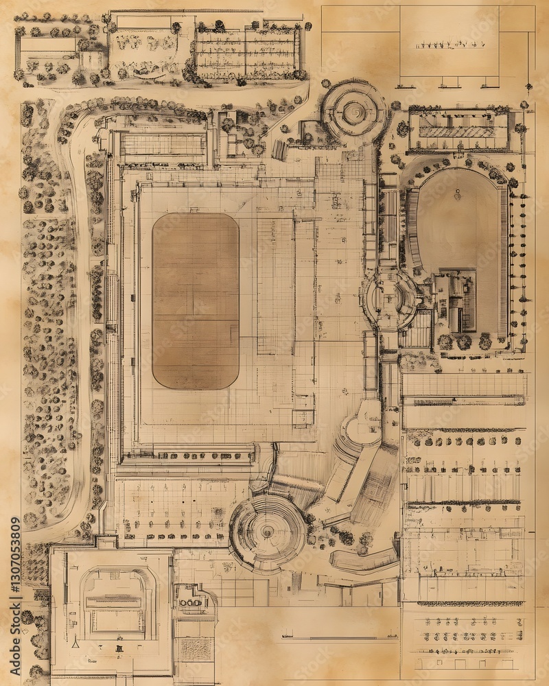 Obraz premium Detailed blueprint of an equestrian venue center in the heart of the city aerial top down view