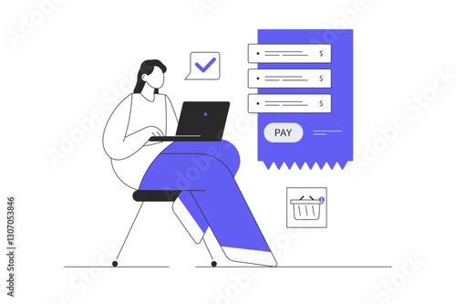 Virtual finance. Online banking. Woman making online shopping, ordering and paying of digital check. Flat Cartoon Vector Illustration, icon. Stylish abstract web