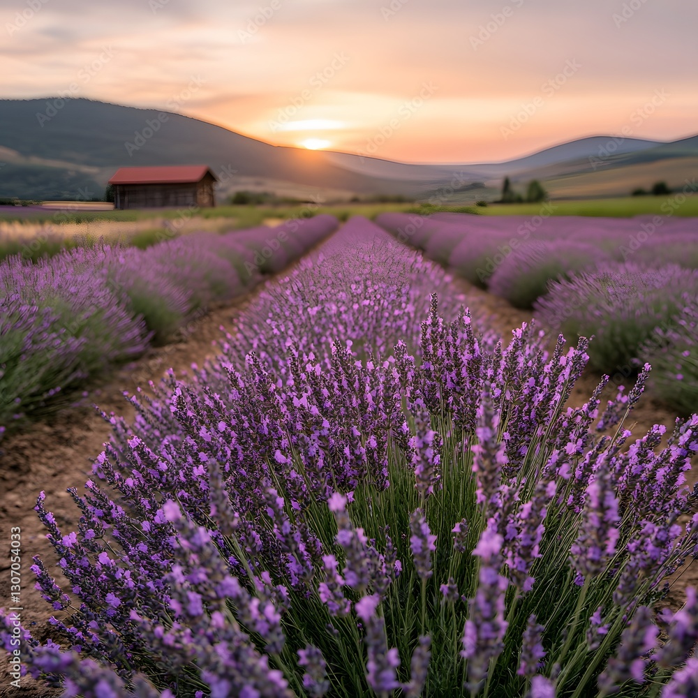 Obraz premium Sunrise Lavender Field Rows, Mountain Sunset, Rural Farm