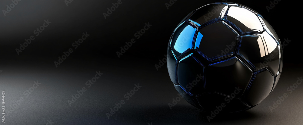 Naklejka premium Black soccer ball with blue highlights, glossy finish, rests on dark surface, suggesting sport, competition, or victory