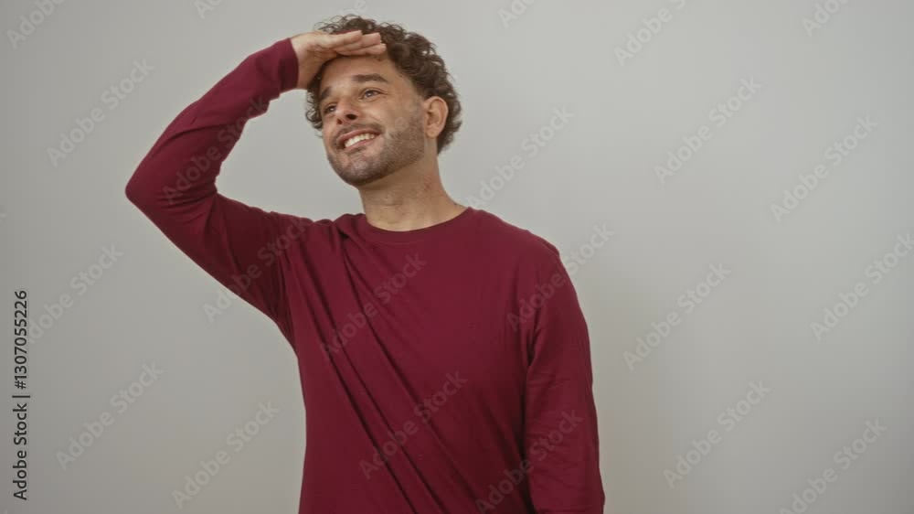 Young hispanic man standing and smiling, searching far away with hand over eyes, wearing t-shirt on isolated white background Young hispanic man standing and smiling, searching far away with hand over eyes, wearing t-shirt on isolated white background