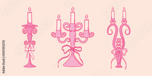 Trendy, flirty vintage candlesticks for wedding invitations, greeting cards and more with bows and ribbons. Vector illustration.