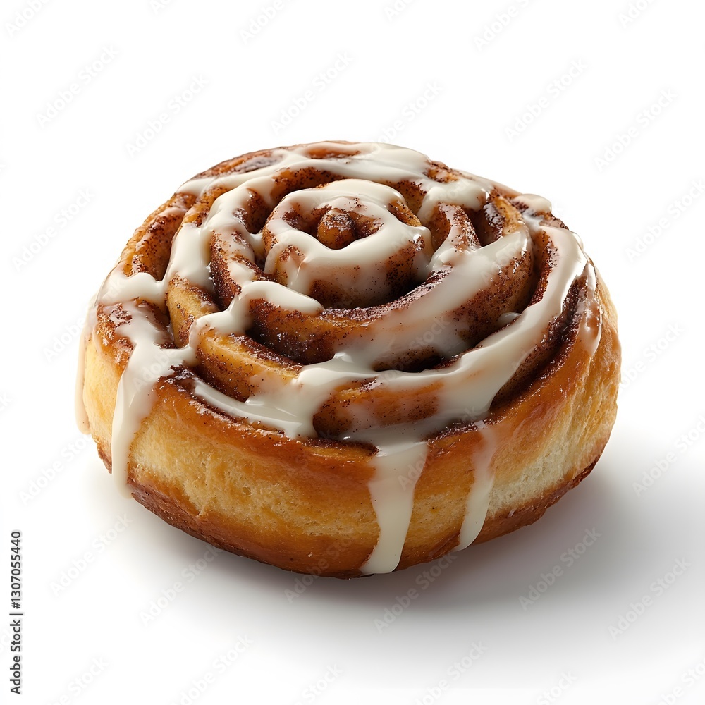 Sweet cinnamon roll, glazed, bakery, white background, breakfast food Sweet cinnamon roll, glazed, bakery, white background, breakfast food