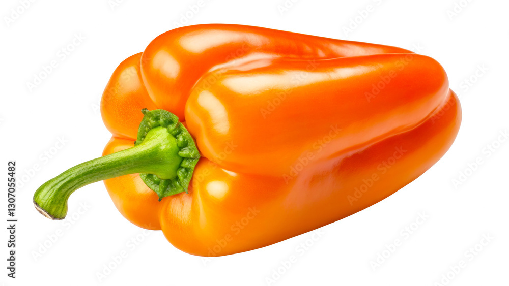 Orange sweet pepper, pepper with a smooth, shiny surface and bright green stalk. A vegetable for use in cookbooks, recipes, promotional materials, food packaging and Orange sweet pepper, pepper with a smooth, shiny surface and bright green stalk. A vegetable for use in cookbooks, recipes, promotional materials, food packaging and