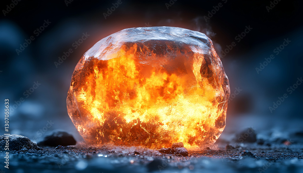 Fiery Orb Encased in Ice on Dark Background Fiery Orb Encased in Ice on Dark Background