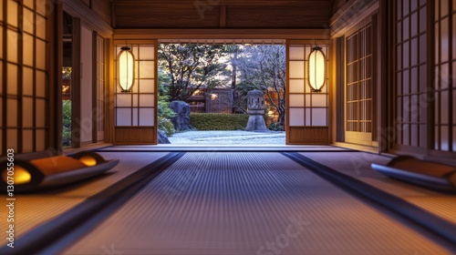 A traditional Japanese inn with tatami mats and sliding doors, soft lantern light, serene and peaceful atmosphere, ultra-realistic, high definition.
