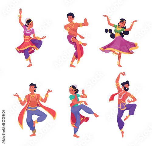 Indian dancers. Traditional authentic performance from indian people exact vector dancers in action poses