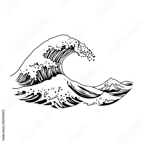 Hand-drawn vector set of ocean waves, including storm waves, tides, and beach waves, in a vintage sketch style