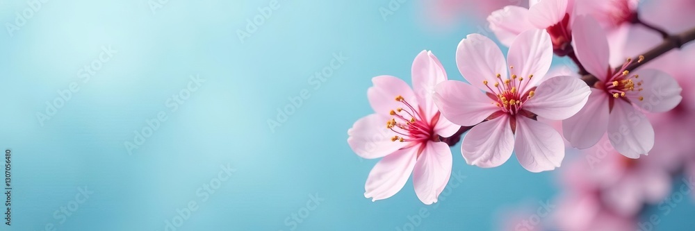 Close-up of delicate cherry blossoms on a soft blue background, pink, cherry blossoms Close-up of delicate cherry blossoms on a soft blue background, pink, cherry blossoms