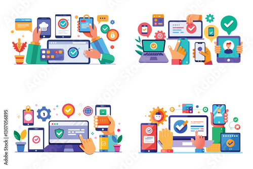 holding smartphone laptop typing two factor authentication code, Characters hands holding smartphone, Top view of office table