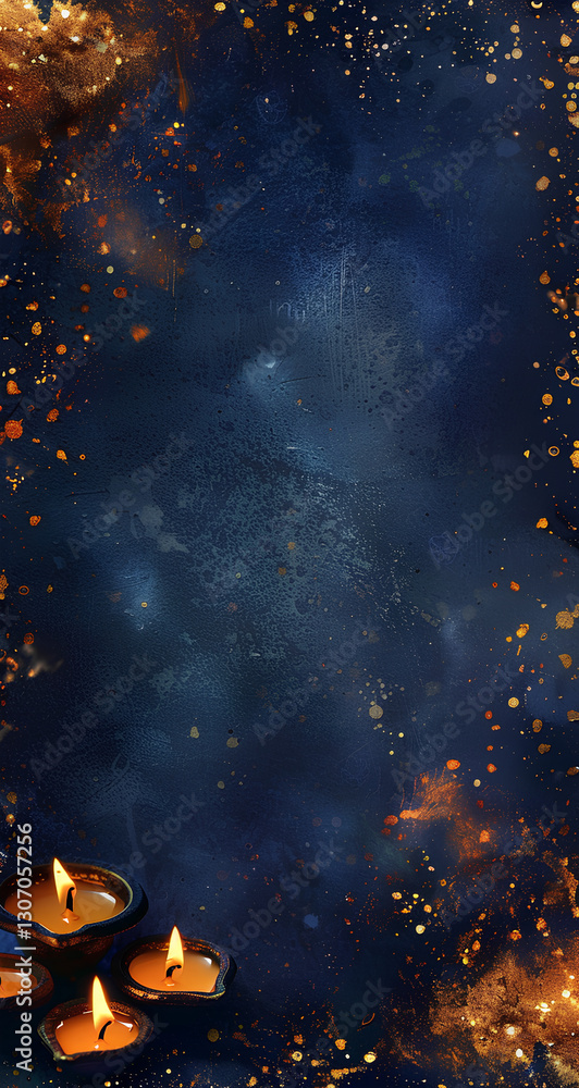 Fototapeta premium vertical background design for the festival of lights, Diwali, with three lit oil lamps on a dark blue backdrop and golden sparkles. The theme is festive and vibrant, with space