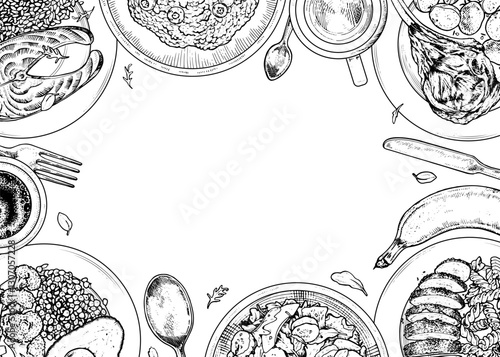 Hand drawn vector food frame with a rectangular border, perfect for menus and invitations. Black and white line art illustration with empty copy space for text. For restaurant or kitchen designs