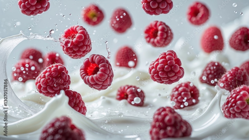 Several raspberries suspended in mid-air, splashes of milk, yogurt isolated on a white background, front close up view. Vibrant, fresh berry. Organic food. Natural dairy products. Motion dynamic scene Several raspberries suspended in mid-air, splashes of milk, yogurt isolated on a white background, front close up view. Vibrant, fresh berry. Organic food. Natural dairy products. Motion dynamic scene
