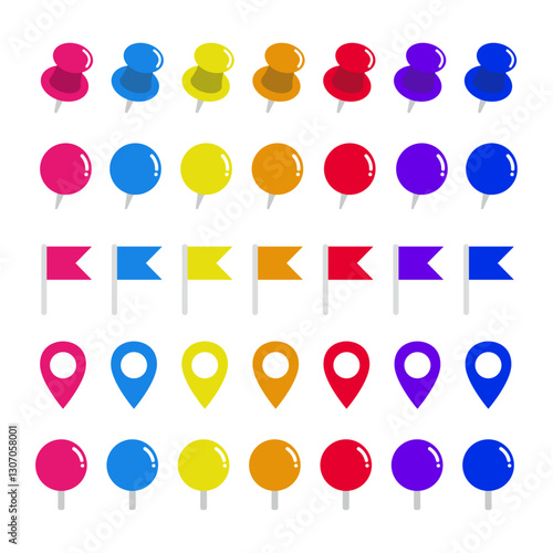 シンプルでフラットなピンとフラッグのベクターアイコンセット｜Simple & Flat Pin & Flag Vector Icon Set