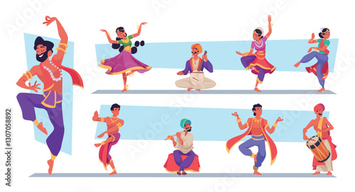 Indian street artist. Authentic musician and dancers from indian culture exact vector cartoon characters