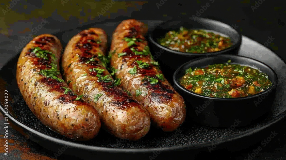 Grilled sausages with salsa on dark plate Grilled sausages with salsa on dark plate