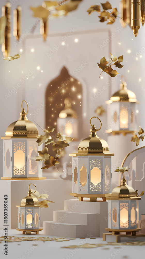 Obraz premium Golden and White Decorative Lanterns with Intricate Patterns Glowing Lights Floating Golden Leaves and Ornate Geometric Details in a Luxurious Arabian-Inspired Setting for Festive Islamic Celebrations