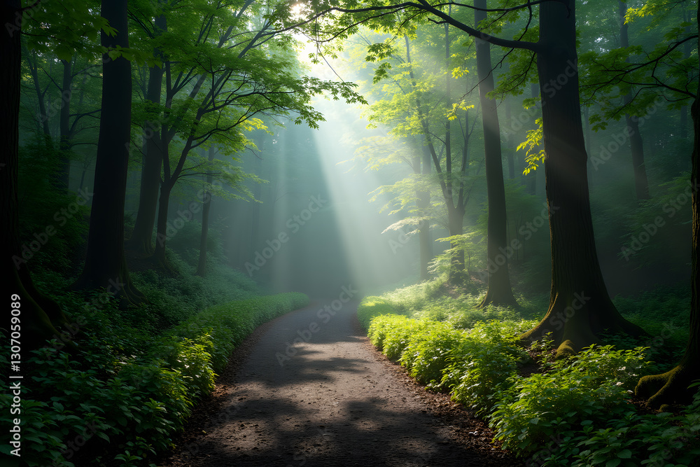 Obraz premium A serene forest pathway illuminated by soft sunlight filtering through lush green leaves creates a tranquil and peaceful atmosphere
