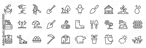 Farming web line icons. Garden. Containing plant, flowers, trees, watering can, fence, cultivate and gardening icons. Vector illustration