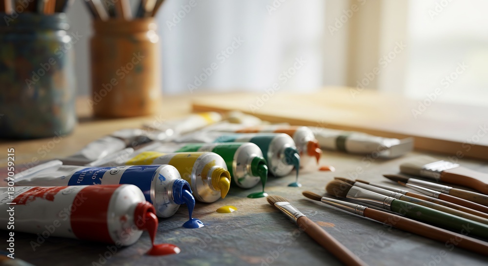 Naklejka premium Vibrant paint tubes spill colorfully on artist's table. AI Generated