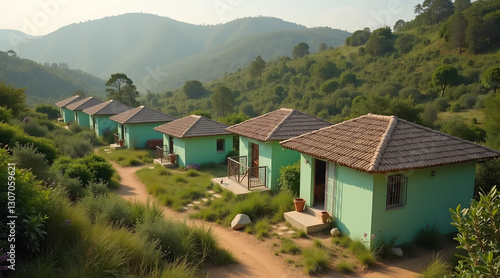 Wallpaper Mural Nestled in a lush green landscape, colorful cottages with thatched roofs line a winding path, surrounded by mountains and dense foliage, creating a tranquil and inviting atmosphere Torontodigital.ca