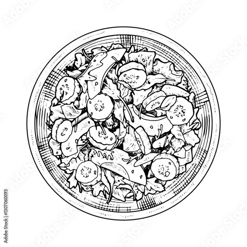 Hand drawn vector illustration of a fresh salad bowl in black and white. Top view sketch featuring mixed greens, cucumbers, tomatoes, and avocado. Perfect for healthy eating and organic food designs