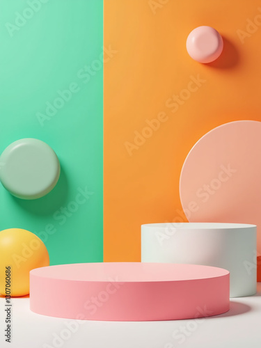 Green  Orange  Pink  And White Cylinders On A Colorful Rectangular Background With Geometric Shapes For Product And Stage Displays.