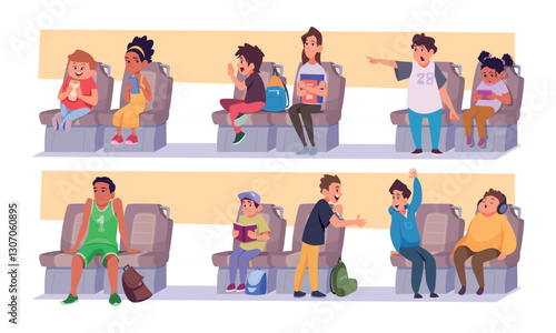 Kids inside bus. Interior of school bus with different little girls and boys going to excursion with teacher exact vector illustrations in cartoon style