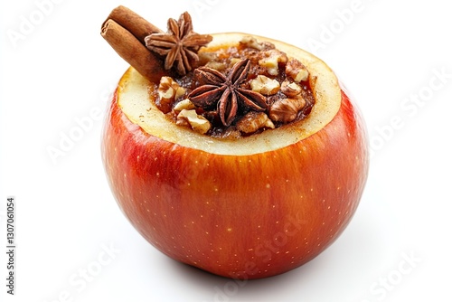 Baked apple stuffed with cinnamon and nuts isolated on white background 