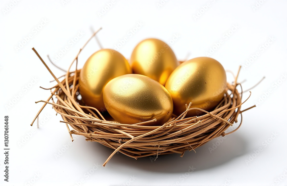 Golden Easter Eggs Rest In A Straw Nest On A White Background, A Traditional Scene Found On Easter Postcards. Golden Easter Eggs Rest In A Straw Nest On A White Background, A Traditional Scene Found On Easter Postcards.