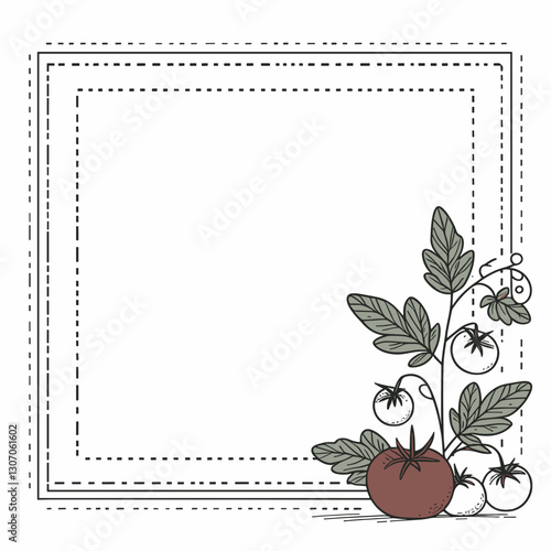 Tomato plant with ripe and unripe tomatoes, outline illustration, copy space for text