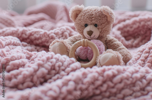 A teddy bear and a rattle toy are placed on top of a pink blanket, symbolizing care for newborn babies. photo