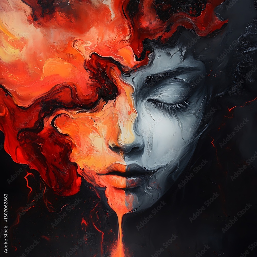Fototapeta premium A striking artistic portrayal of a split face, merging fiery red and dark hues, symbolizing emotion and duality.