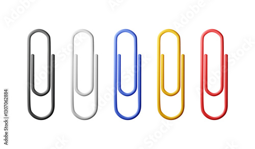 3D set of colored paper clips isolated on white. Render collection of paperclip icons. Tools for education and work. Stationery and office supply. Vector illustration