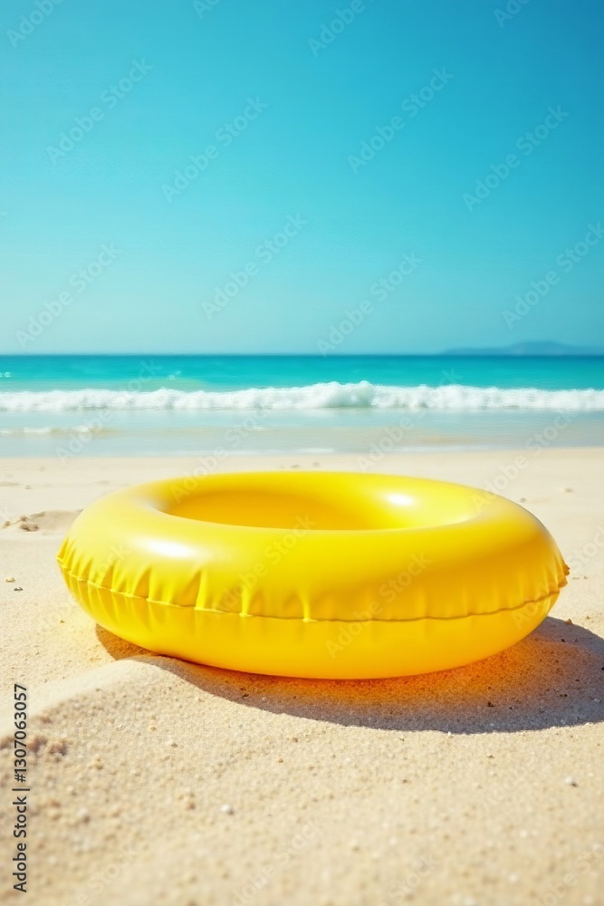 Close-up of bright yellow inflatable swim ring on sandy beach under clear blue sky, sunny, holiday Close-up of bright yellow inflatable swim ring on sandy beach under clear blue sky, sunny, holiday