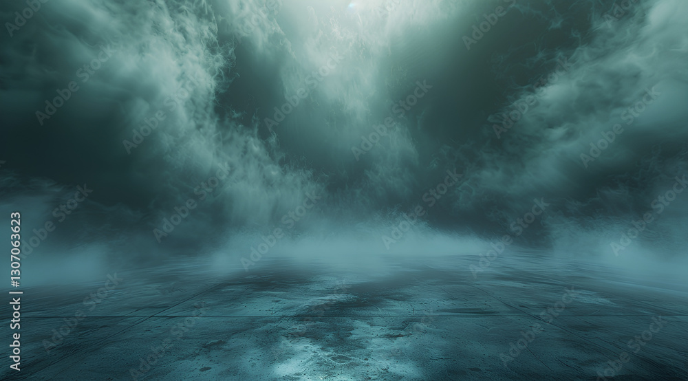 dark background with an empty concrete floor and a large cloud of smoke in the center, creating a mysterious atmosphere dark background with an empty concrete floor and a large cloud of smoke in the center, creating a mysterious atmosphere