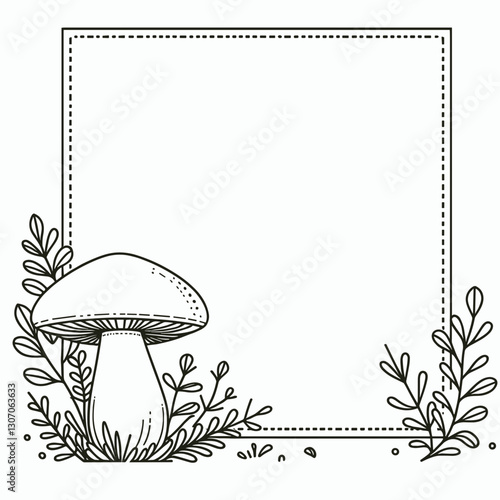 Mushroom among greenery, outline illustration, copy space for text
