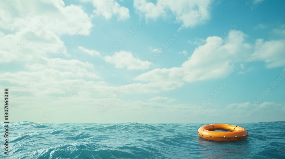Bright orange rescue ring floating on turbulent ocean waves in a vast seascape. Panoramic 3D render depicting a lifebuoy adrift in deep water, symbolizing safety, emergency, and survival at sea Bright orange rescue ring floating on turbulent ocean waves in a vast seascape. Panoramic 3D render depicting a lifebuoy adrift in deep water, symbolizing safety, emergency, and survival at sea