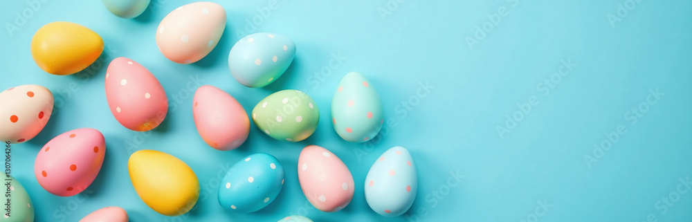 Easter Eggs In Various Colors Are Arranged On A Blue Background For A Festive And Creative Flat Lay Design Concept. Easter Eggs In Various Colors Are Arranged On A Blue Background For A Festive And Creative Flat Lay Design Concept.