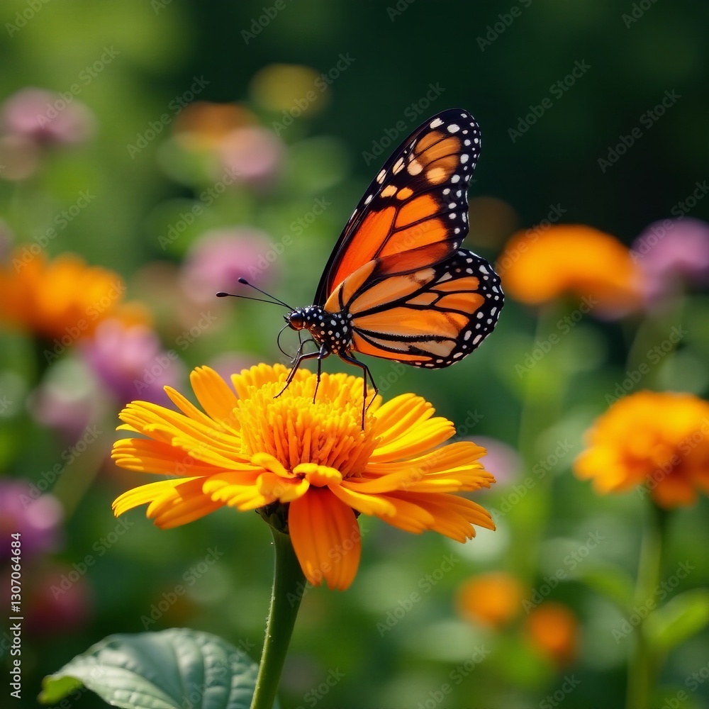 Close-up of monarch butterflies fluttering around a garden, garden, close-up Close-up of monarch butterflies fluttering around a garden, garden, close-up