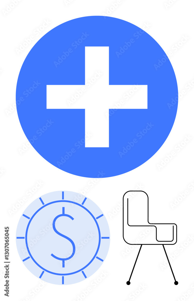 Fototapeta premium Large blue plus symbol, dollar coin, and modern chair outline. Ideal for business, finance, investment, growth, healthcare work-life balance design themes. Flat simple metaphor